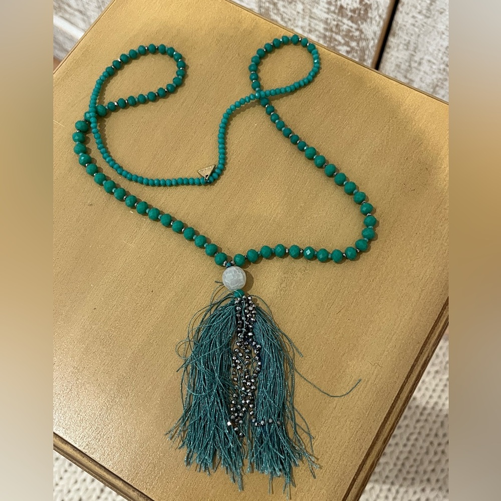 Serafina Teal Faceted Beaded Necklace with Tassel